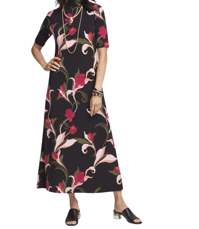 Elbow Sleeve Mock Neck Maxi Dress
